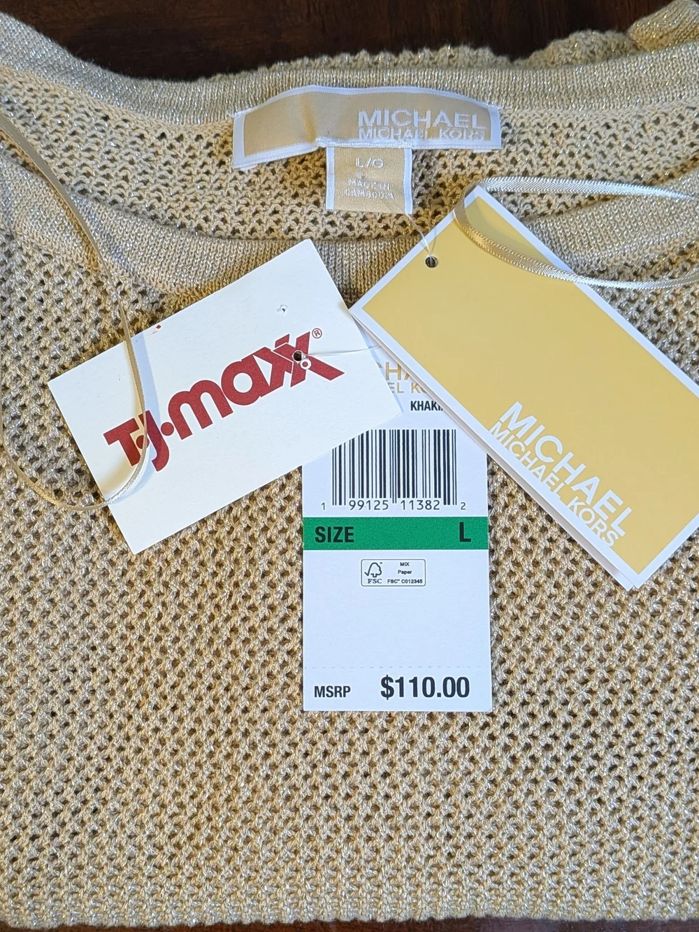 NWT Michael Kors Women's Large Beige With Gold Metallic Knit Pullover Sweater L